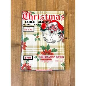 Vintage Christmas Tablecloth – Plaid Poinsettia, Flannel‎ Back (52x70)